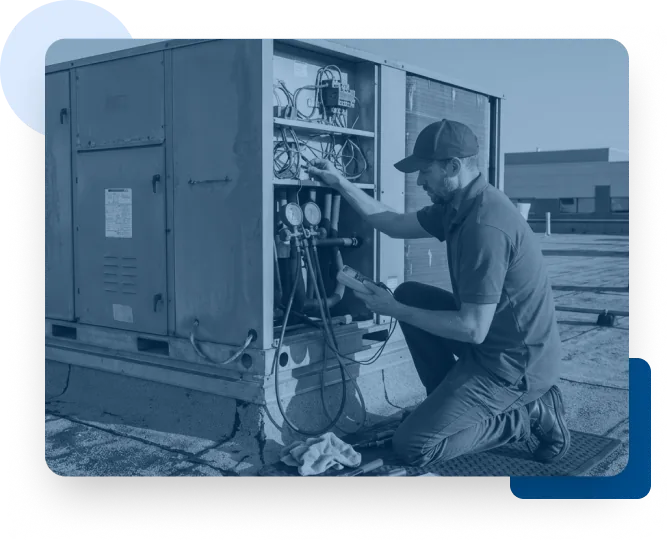 HVAC technician servicing a rooftop air-conditioning unit